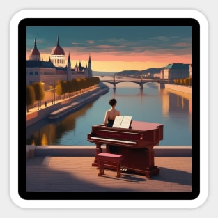 A Pianist Ready To Perform By The River Danube In Budapest Hungary Sticker